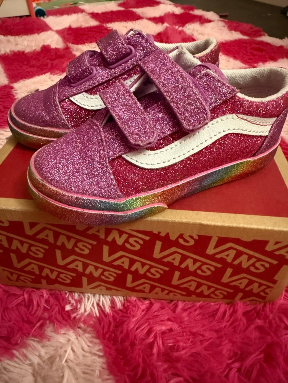 Vans Kids Pink Glitter Velcro Sneakers with Rainbow Sole